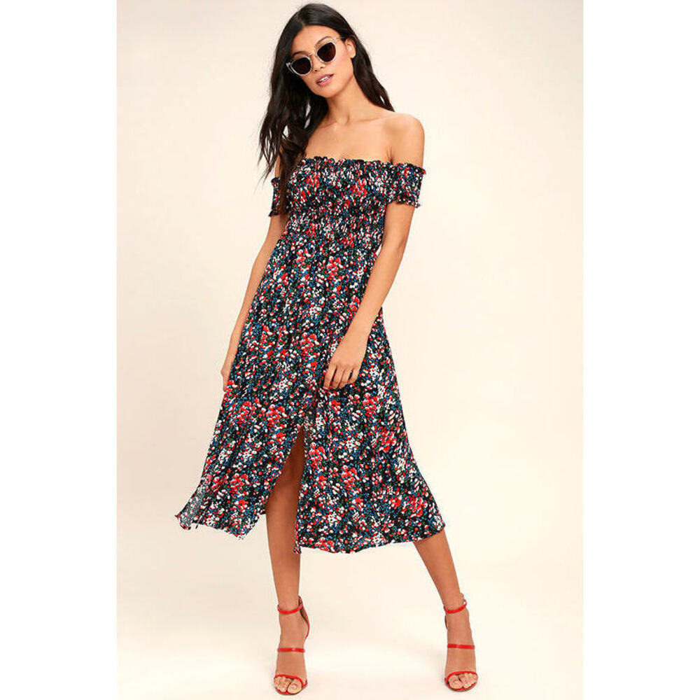 Lulus View From The Meadow Black Floral Print Off-the-shoulder Dress - Size XL